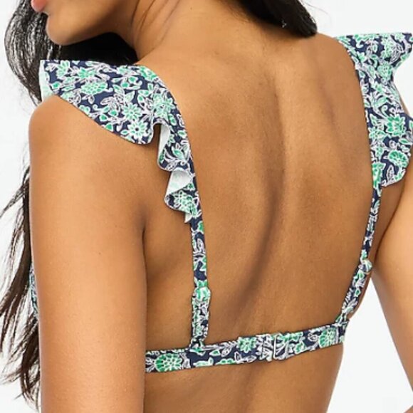 J Crew Floral Ruffle Shoulder V-Neck Bikini Top Size Small Navy Green NWT - Picture 2 of 12